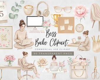May include: Watercolor clipart set featuring various office and lifestyle elements. Includes illustrations of a computer, headphones, coffee cup, flowers, and a woman working on a laptop. The text "Boss Babe Clipart" is also present.