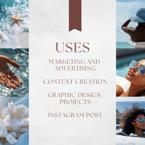 May include: A collage of images showcasing various uses for stock photos, including marketing and advertising, content creation, graphic design projects, and Instagram posts. The images feature a hand in water, a starfish, a coral, a woman in a hat, a woman in sunglasses, and a woman in a car.
