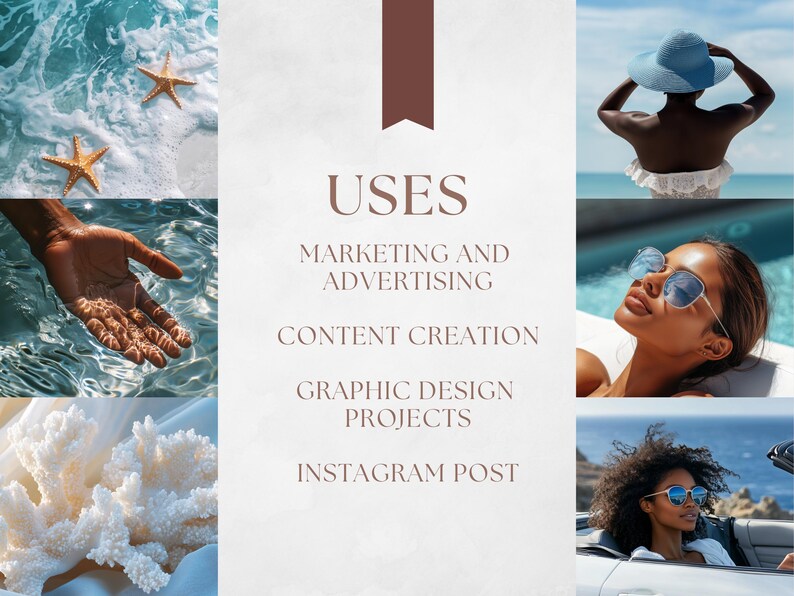 May include: A collage of images showcasing various uses for stock photos, including marketing and advertising, content creation, graphic design projects, and Instagram posts. The images feature a hand in water, a starfish, a coral, a woman in a hat, a woman in sunglasses, and a woman in a car.