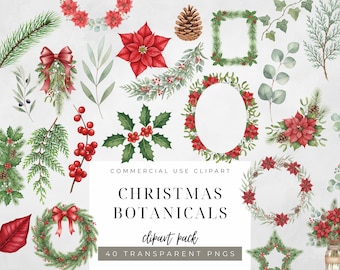 Watercolor Christmas Botanical Clipart: Holiday Floral PNG Set (Digital Download)