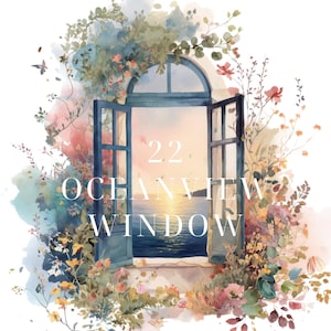 Puede incluir: Pintura a la acuarela de una ventana abierta con vistas al océano al atardecer. La ventana está enmarcada por flores y follaje en tonos azules, rosas y amarillos. El texto dice "22 OCEAN VIEW WINDOW."