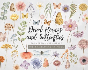 Dried Flowers and Butterflies Clipart, Botanical Elements, Pressed Flowers, Floral Scrapbook, Wedding Invitation Graphics, Instant Download