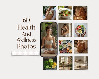 May include: A collage of images showcasing a healthy lifestyle, including a woman meditating, a bowl of fruit, a woman getting a facial, and a woman exercising. The images are arranged in a grid pattern on a phone screen.