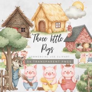 以下が含まれることがあります： 三匹の子豚の物語を描いた水彩イラスト。3つの家、3匹の豚、オオカミ、そして「Three little Pigs」のテキストが含まれています。商用利用可能なクリップアートで、54個の透明PNGファイルです。