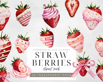 Pastel Strawberry Watercolor Clipart: Pink Fruit PNG Set (300 DPI)