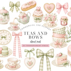 Könnte beinhalten: Aquarell-Cliparts mit Teetassen, Teekannen, Schleifen und Gebäck in sanften Pastellfarben. Das Bild zeigt verschiedene Elemente wie Cupcakes, Macarons und ein Kuchenstück, alle mit Schleifen und floralen Details verziert. Der Text auf dem Bild lautet "TEAS AND BOWS".