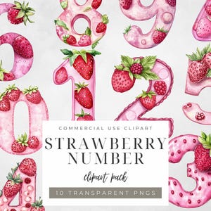 Aquarelle fraise nombre Clipart rose chambre d'enfant nombres PNG fraise anniversaire clipart PNG nombre PNG pour anniversaire de filles