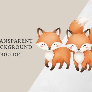 K&ouml;nnte beinhalten: Aquarellillustration von zwei Cartoon-F&uuml;chsen mit orangefarbenem Fell, wei&szlig;en Br&uuml;sten und schwarzen Ohren und Pfoten. Die F&uuml;chse haben l&auml;chelnde Gesichter. Der Text lautet "TRANSPARENT BACKGROUND 300 DPI".
