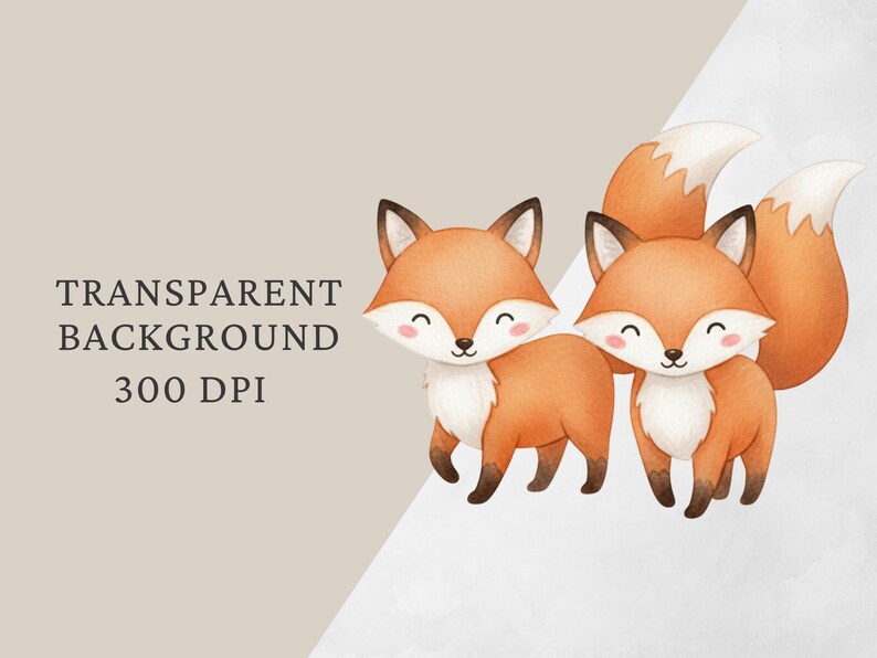 K&ouml;nnte beinhalten: Aquarellillustration von zwei Cartoon-F&uuml;chsen mit orangefarbenem Fell, wei&szlig;en Br&uuml;sten und schwarzen Ohren und Pfoten. Die F&uuml;chse haben l&auml;chelnde Gesichter. Der Text lautet "TRANSPARENT BACKGROUND 300 DPI".