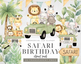 Safari Animals Jeep Clipart: Watercolor Jungle Adventure (PNG Digital Download)