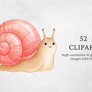 Op de afbeelding: Waterverfillustratie van een lachende slak met een roze en perzik schelp. Het lichaam van de slak is lichtbruin. De afbeelding bevat de tekst "52 CLIPART" en "High-resolution AI generated images (300 DPI)".
