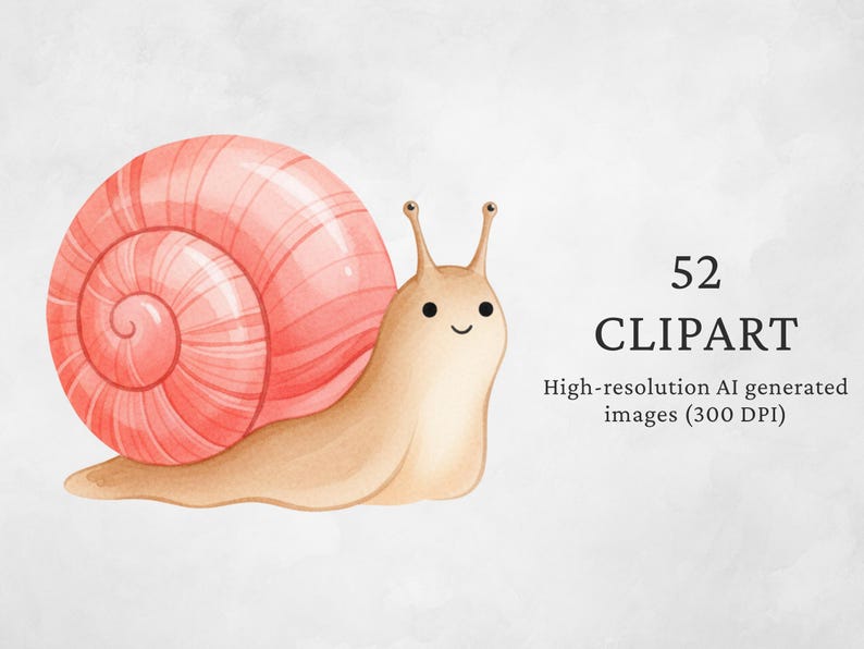 Op de afbeelding: Waterverfillustratie van een lachende slak met een roze en perzik schelp. Het lichaam van de slak is lichtbruin. De afbeelding bevat de tekst "52 CLIPART" en "High-resolution AI generated images (300 DPI)".