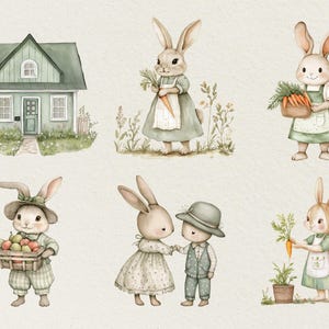 Pu&ograve; includere: Un set di sei illustrazioni ad acquerello che raffigurano conigli in varie attivit&agrave;. Le illustrazioni includono un coniglio che tiene una carota, un coniglio che tiene un cesto di carote, un coniglio che tiene un cesto di mele, un coniglio che tiene una carota, un coniglio che tiene una carota e un coniglio che tiene una carota. Le illustrazioni sono tutte su uno sfondo verde chiaro.