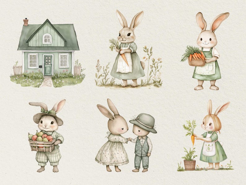 Pu&ograve; includere: Un set di sei illustrazioni ad acquerello che raffigurano conigli in varie attivit&agrave;. Le illustrazioni includono un coniglio che tiene una carota, un coniglio che tiene un cesto di carote, un coniglio che tiene un cesto di mele, un coniglio che tiene una carota, un coniglio che tiene una carota e un coniglio che tiene una carota. Le illustrazioni sono tutte su uno sfondo verde chiaro.