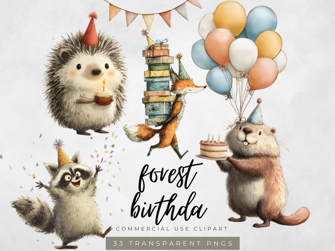 Whimsical Birthday Animals Clipart Bundle, Cute Forest Party Animals ...