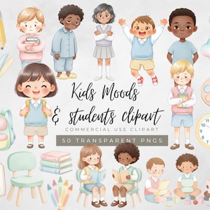 Op de afbeelding: Waterverf clipart set met diverse kinderen in verschillende stemmingen, samen met schoolspullen zoals potloden, scharen en een rugzak. De tekst luidt "Kids Moods & students clipart". Bevat 50 transparante PNG's.