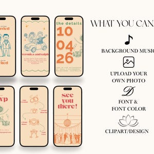 May include: Five printable wedding invitation cards with a retro design. The cards are beige with orange and red accents. The cards include the text "married", "veronica and ralph", "the details 10 04 26", "rsvp", and "see you there!"