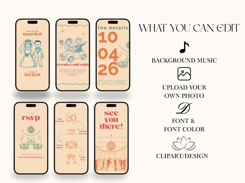 May include: Five printable wedding invitation cards with a retro design. The cards are beige with orange and red accents. The cards include the text "married", "veronica and ralph", "the details 10 04 26", "rsvp", and "see you there!"