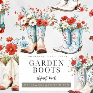 Watercolor Floral Garden Boots Clipart: Spring PNG Designs (Digital Download)