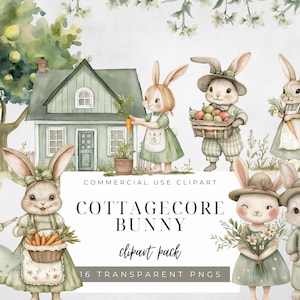 Pu&ograve; includere: Un pacchetto di clipart digitale di 16 illustrazioni di conigli cottagecore. I conigli sono raffigurati in varie pose, tenendo carote, fiori e cesti di frutta. Le illustrazioni sono in stile acquerello e presentano una morbida tavolozza di colori verdi, marroni e rosa. Il testo "Cottagecore Bunny clipart pack" &egrave; presente nell'immagine.