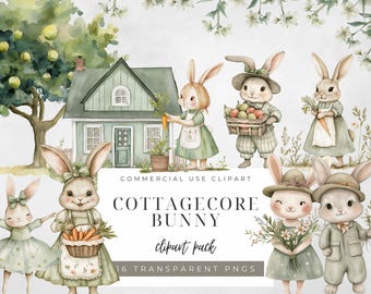 Cottagecore Bunny Clipart: Whimsical Rabbit PNG Illustrations (Digital Download)