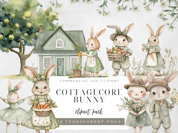 Cottagecore Bunny Clipart: Whimsical Rabbit PNG Illustrations (Digital Download)