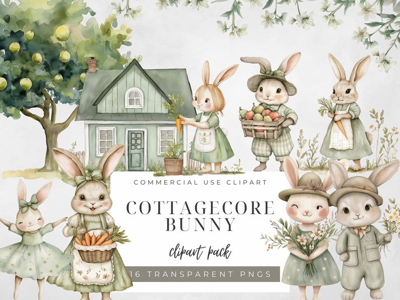 Pu&ograve; includere: Un pacchetto di clipart digitale di 16 illustrazioni di conigli cottagecore. I conigli sono raffigurati in varie pose, tenendo carote, fiori e cesti di frutta. Le illustrazioni sono in stile acquerello e presentano una morbida tavolozza di colori verdi, marroni e rosa. Il testo "Cottagecore Bunny clipart pack" &egrave; presente nell'immagine.