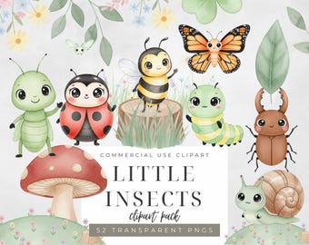 Insects Clipart Bundle, Watercolor Bug PNG Set, Nursery Animals Clipart, Cute Butterfly Bee Ladybug Clipart, Kids Garden Illustration