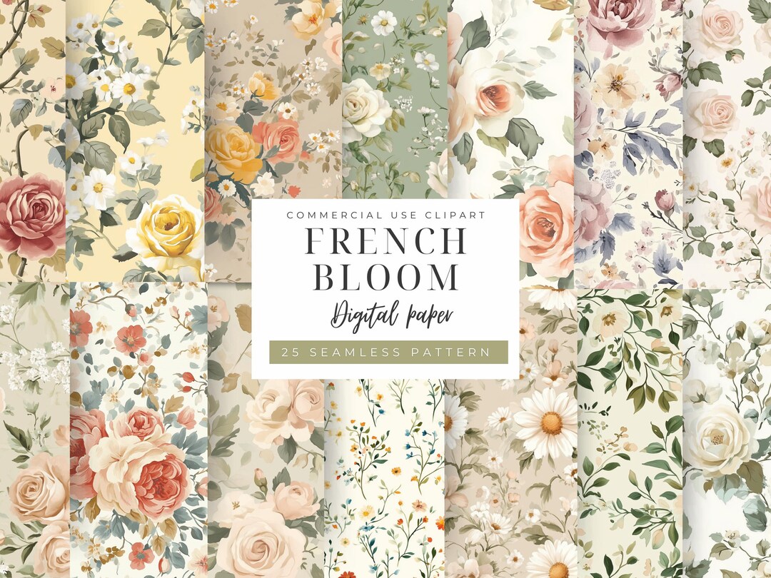 French Floral Seamless Pattern, Shabby Chic Digital Paper, Vintage ...