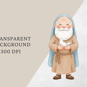 K&ouml;nnte beinhalten: Aquarell-Illustration einer Cartoonfigur mit wei&szlig;em Bart, die eine wei&szlig;e Taube h&auml;lt. Die Figur tr&auml;gt eine braune Robe, eine blaue Kopfbedeckung und braune Schuhe. Der Text "TRANSPARENT BACKGROUND 300 DPI" ist vorhanden.