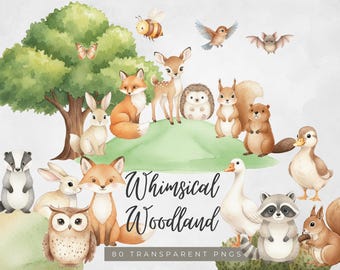 May include: Watercolor illustration of woodland animals including a fox, deer, rabbit, squirrel, and owl. A tree, bee, and butterfly are also featured. The text "Whimsical Woodland" and "80 Transparent PNGs" are included.