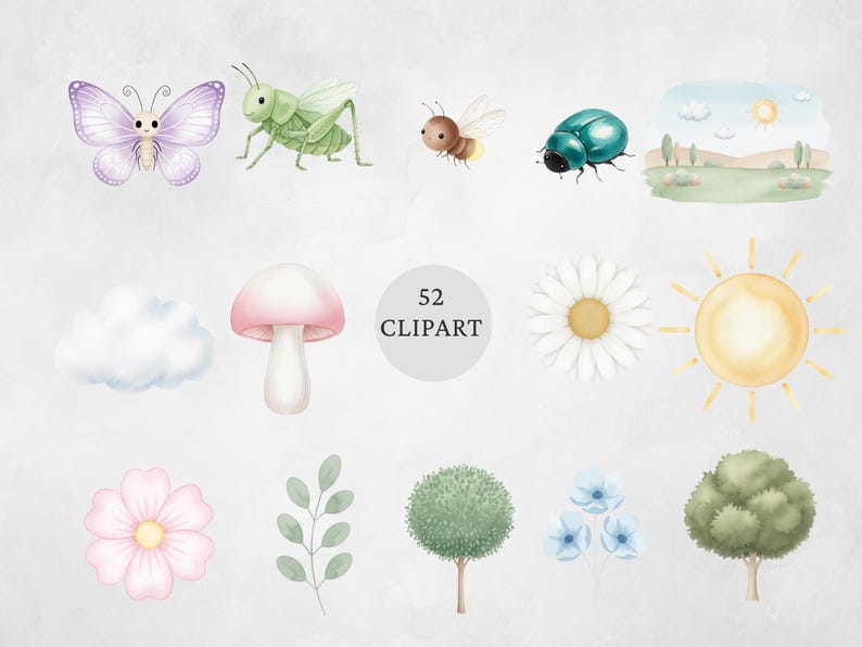 Clipartbundel aquarel insecten: vlinder, bij, lieveheersbeestje (PNG, digitale download) afbeelding 4