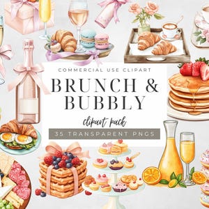 Puede incluir: Ilustración en acuarela de elementos de brunch, que incluyen champán, gofres, panqueques, cruasanes y donas. La imagen incluye el texto "BRUNCH & BUBBLY" y "clipart pack". La imagen es una colección de 35 PNG transparentes.