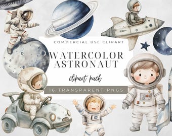 May include: Watercolour clipart pack of 16 transparent PNGs featuring astronauts, planets, stars, and a rocket ship. The astronauts are wearing white spacesuits with blue accents and have brown hair. The planets are blue and grey with rings. The stars are yellow and the rocket ship is white with blue accents. The text "WATERCOLOR ASTRONAUT clipart pack 16 TRANSPARENT PNGS" is included in the image.