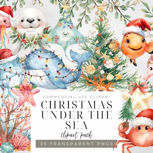May include: Watercolor clipart pack featuring Christmas-themed sea creatures, including a whale, fish, and crab, all wearing Santa hats. The image includes a Christmas tree and coral, with the text "Christmas Under The Sea".