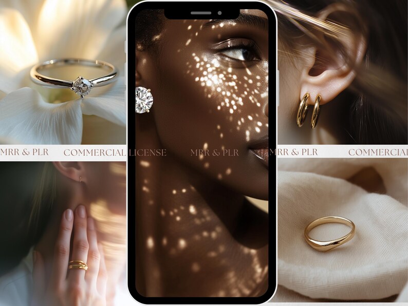 K&ouml;nnte beinhalten: Eine Collage aus drei Bildern mit Schmuck. Das erste Bild zeigt einen silbernen Ring mit einem einzelnen Diamanten. Das zweite Bild zeigt das Gesicht einer Frau mit einem Diamantenohrring. Das dritte Bild zeigt einen goldenen Ring mit einem geschwungenen Design.