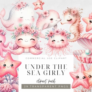Clipart sotto il mare, rosa, acquerello, cucciolo di balena, delfino, cavalluccio marino, polpo, bambine, animali dell'oceano, vivaio, PNG, pastello, decorazione marina.