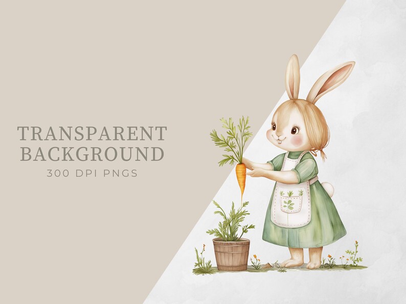 Pu&ograve; includere: Un'illustrazione ad acquerello di un coniglio marrone che indossa un vestito verde e un grembiule bianco, tenendo una carota. Il coniglio &egrave; in piedi davanti a un vaso con una pianta di carota.
