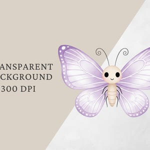 Op de afbeelding: Waterverfillustratie van een schattige vlinder met lavendelkleurige vleugels en een lachend gezicht. De vlinder heeft witte stippen langs de vleugelranden en zwarte antennes. Tekst links luidt "TRANSPARENT BACKGROUND 300 DPI".