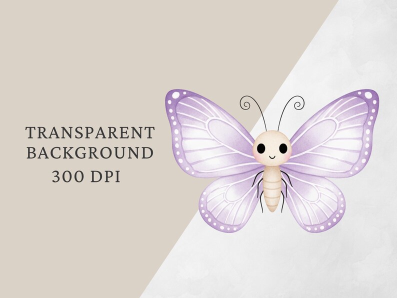Op de afbeelding: Waterverfillustratie van een schattige vlinder met lavendelkleurige vleugels en een lachend gezicht. De vlinder heeft witte stippen langs de vleugelranden en zwarte antennes. Tekst links luidt "TRANSPARENT BACKGROUND 300 DPI".