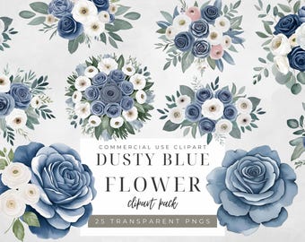 Dusty Blue Rose Clipart: Watercolor Wedding Invitation Florals (PNG)