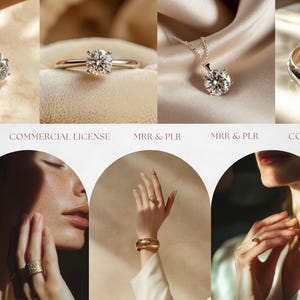 K&ouml;nnte beinhalten: Eine Collage aus Bildern mit verschiedenen Schmuckst&uuml;cken, darunter ein Diamantring, eine Diamant-Halskette mit Anh&auml;nger, ein goldenes Armreif-Armband und ein goldener Ring. Die Bilder sind vor einem Hintergrund aus weichen, neutralen Farben angeordnet.