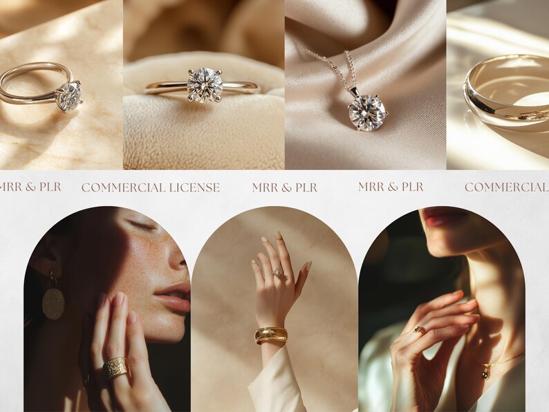 K&ouml;nnte beinhalten: Eine Collage aus Bildern mit verschiedenen Schmuckst&uuml;cken, darunter ein Diamantring, eine Diamant-Halskette mit Anh&auml;nger, ein goldenes Armreif-Armband und ein goldener Ring. Die Bilder sind vor einem Hintergrund aus weichen, neutralen Farben angeordnet.