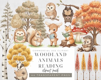 May include: Watercolor clipart featuring woodland animals reading books. Includes an owl, bat, mouse, fox, deer, squirrel, hedgehog, and badger. The image has a fall theme with trees and a mushroom. Text reads "WOODLAND ANIMALS READING clipart pack".