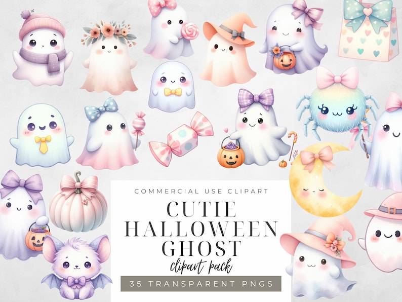 Pastel Halloween Ghost Clipart Bundle: Kawaii Nursery PNG (digital ...