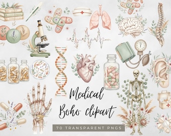 Boho Medical Clipart Bundle, Watercolor Healthcare Elements, Neutral Medical Graphics