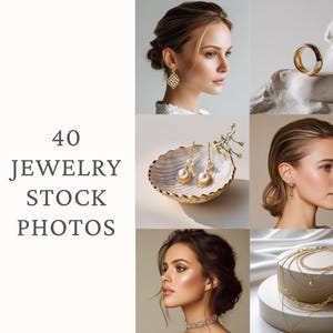 モデルによるミニマリストジュエリーのストック写真。エレガントなゴールドのイヤリング、リング、ネックレスを女性に着せたラグジュアリーブランディング写真