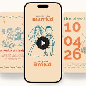 May include: A wedding invitation announcement with a cartoon illustration of a bride and groom in a car. The text reads "We're getting married" and "Veronica and Ralph". The date of the wedding is October 4th, 2026. The invitation also includes the location of the wedding, St. Paul II Cathedral in Melbourne, Australia.