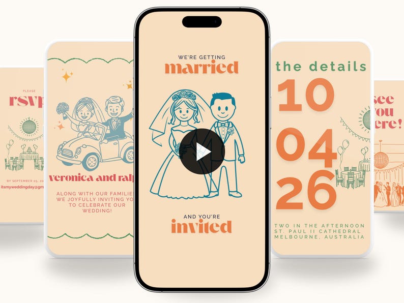 May include: A wedding invitation announcement with a cartoon illustration of a bride and groom in a car. The text reads "We're getting married" and "Veronica and Ralph". The date of the wedding is October 4th, 2026. The invitation also includes the location of the wedding, St. Paul II Cathedral in Melbourne, Australia.