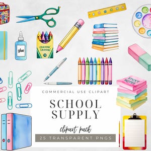 Aquarell Schulbedarf Clipart - Pastell Back to School Essentials PNG | Niedliche Briefpapier und Klassenzimmer Grafiken für Lehrer und Kinder